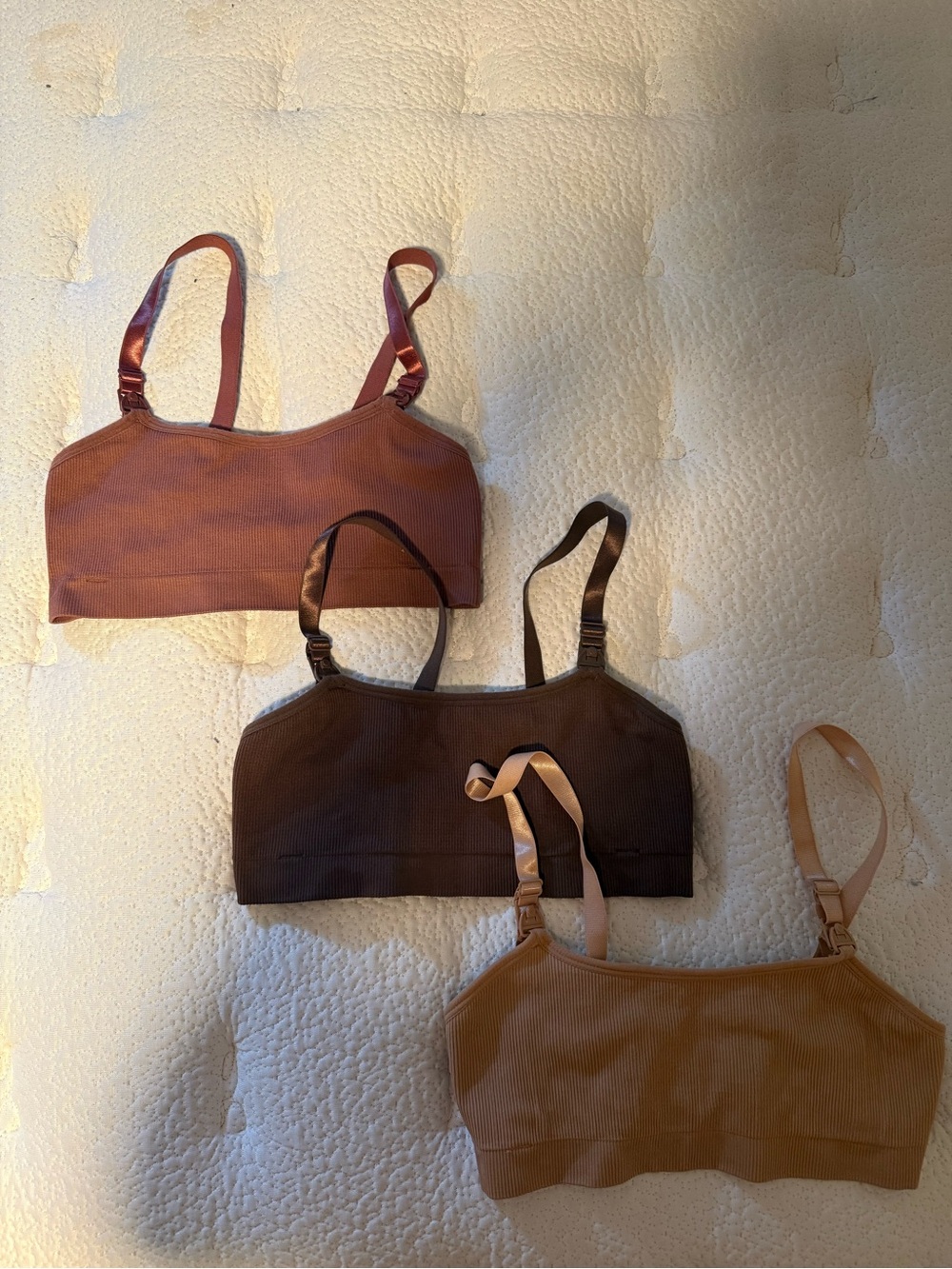 3-Pack Ribbed Seamless Nursing Bra Set - Rust, Chocolate, Camel